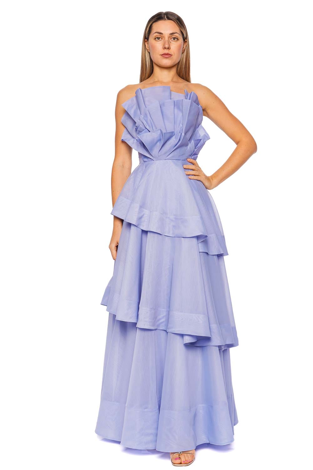 Aje. Selestia Pale Blue Strapless Tiered Gown