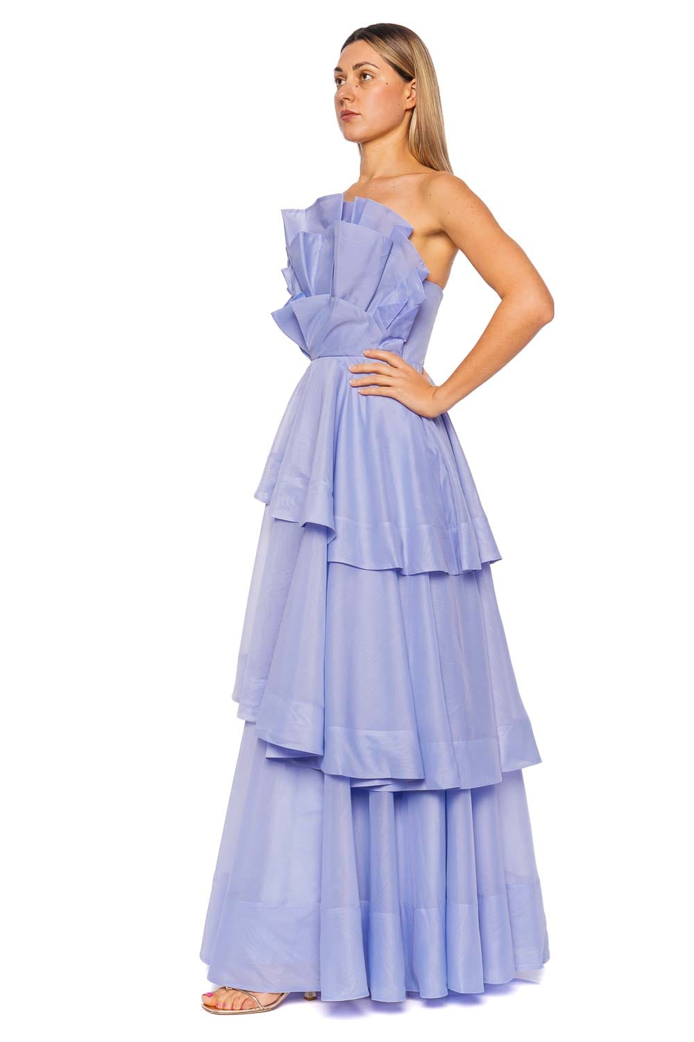 Aje. Selestia Pale Blue Strapless Tiered Gown