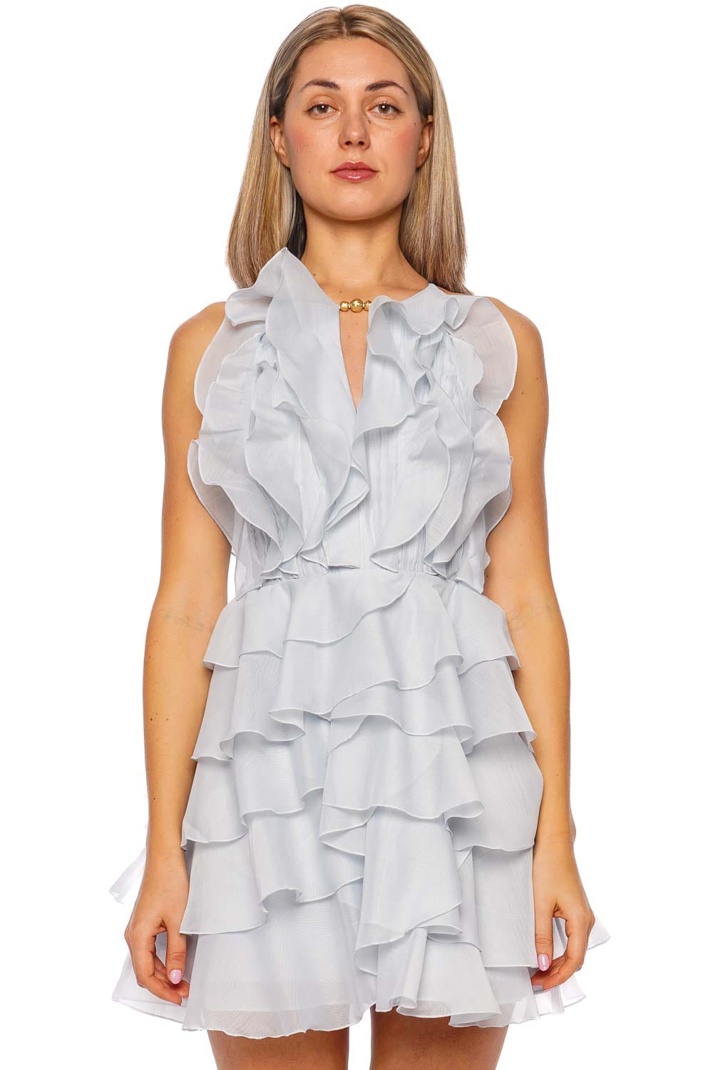 Aje. Cleo Silver Blue Ruffled Mini Dress