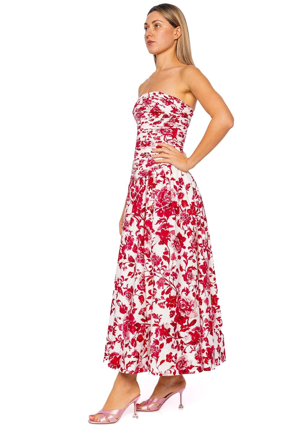 Aje. Marigold Rose Ink Red Strapless Midi Dress