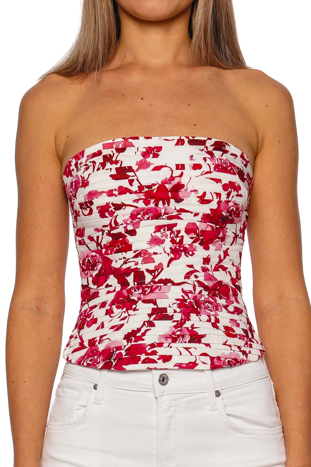 Aje. Sunbeam Red Floral Strapless Bustier