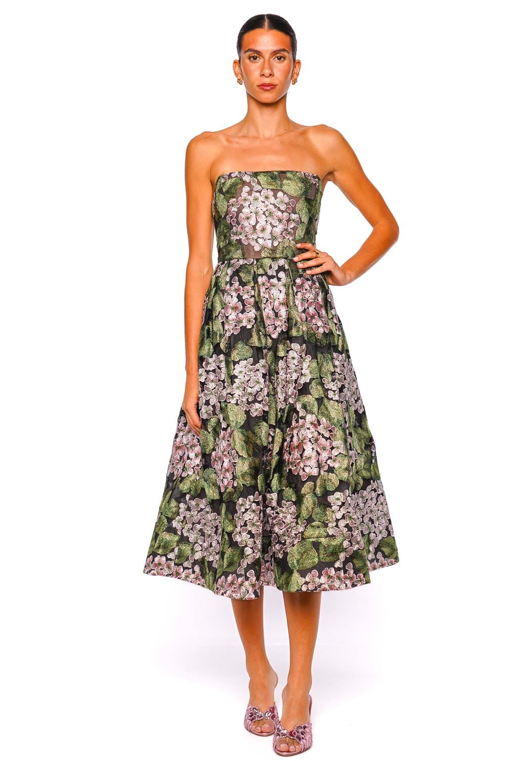 Bronx and Banco Kate Strapless Floral Embroidered Corset Midi Dress