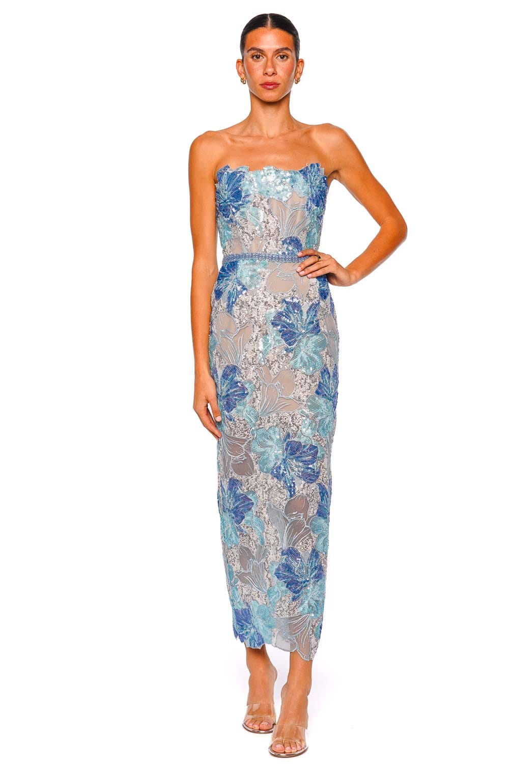 Bronx and Banco Jasmine Maraya Powder Blue Multi Strapless Midi Dress