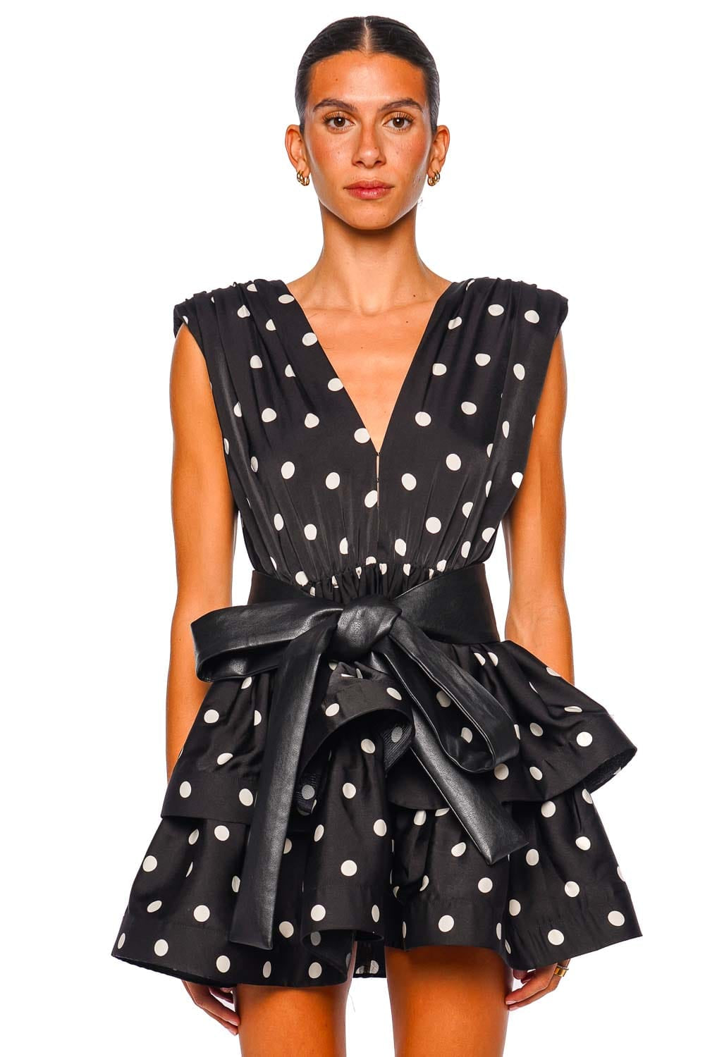 Bronx and Banco Riley Black and White Polka Dot Sleeveless Ruffle Mini Dress