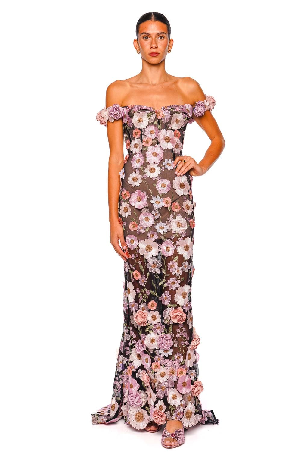 Bronx and Banco Jasmine Floral Off the Shoulder Gown Black Multi