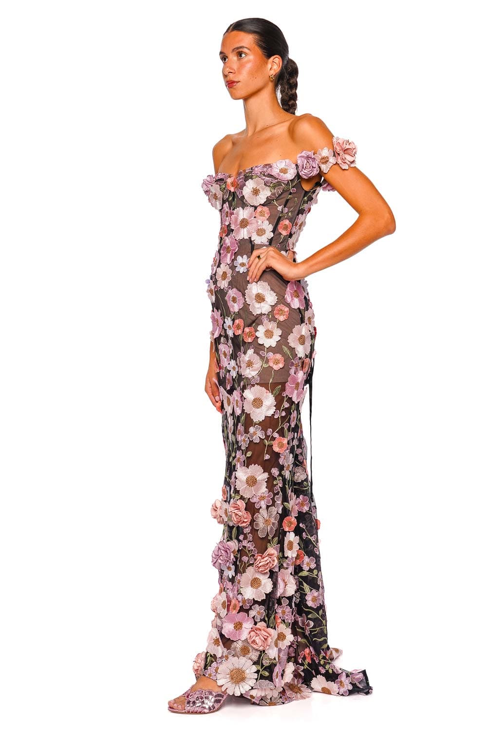 Bronx and Banco Jasmine Floral Off the Shoulder Gown Black Multi