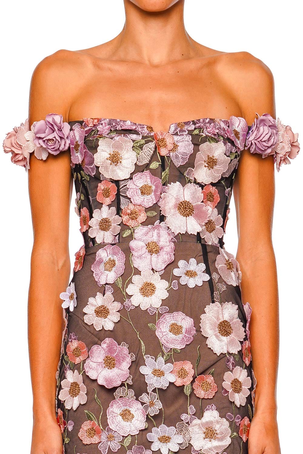 Bronx and Banco Jasmine Floral Off the Shoulder Gown Black Multi