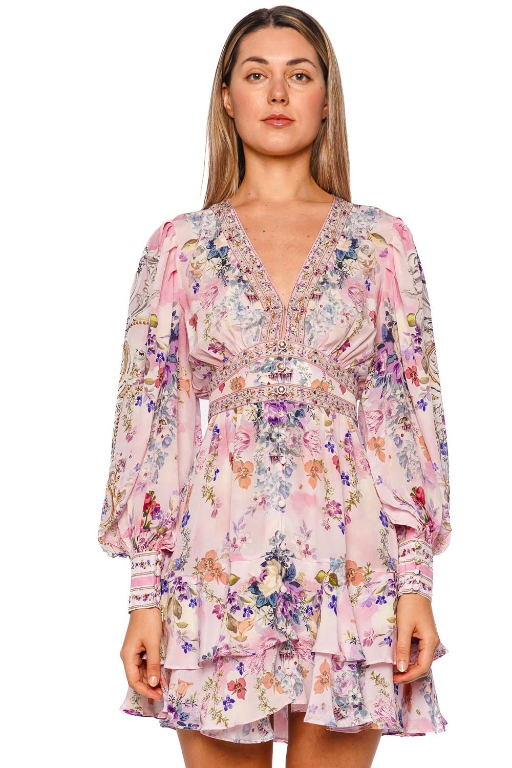 Camilla Palatial Pastels Long Sleeve Buttoned Mini Dress