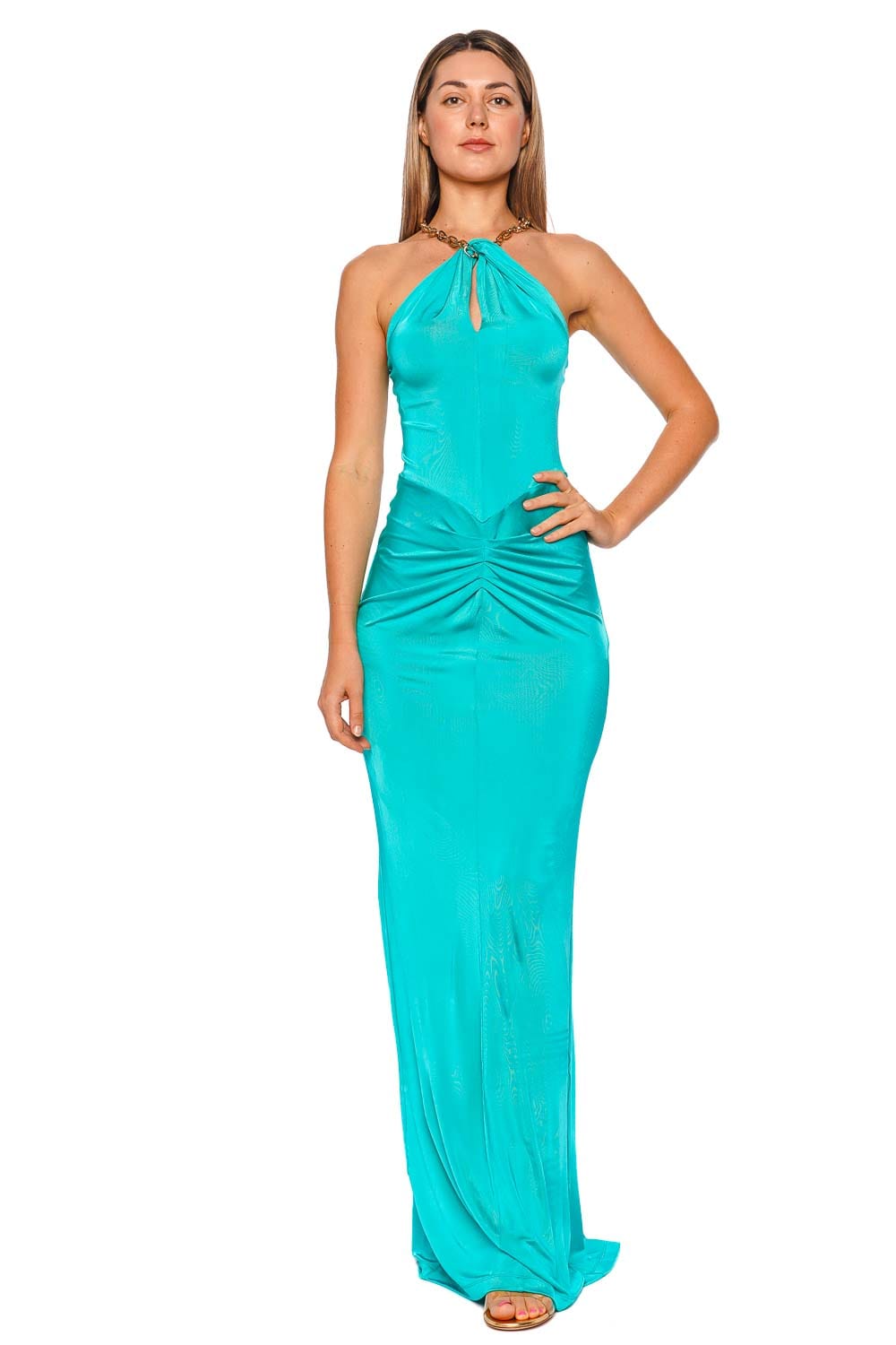 Carolina Herrera Turquoise Draped Halter Neck Gown
