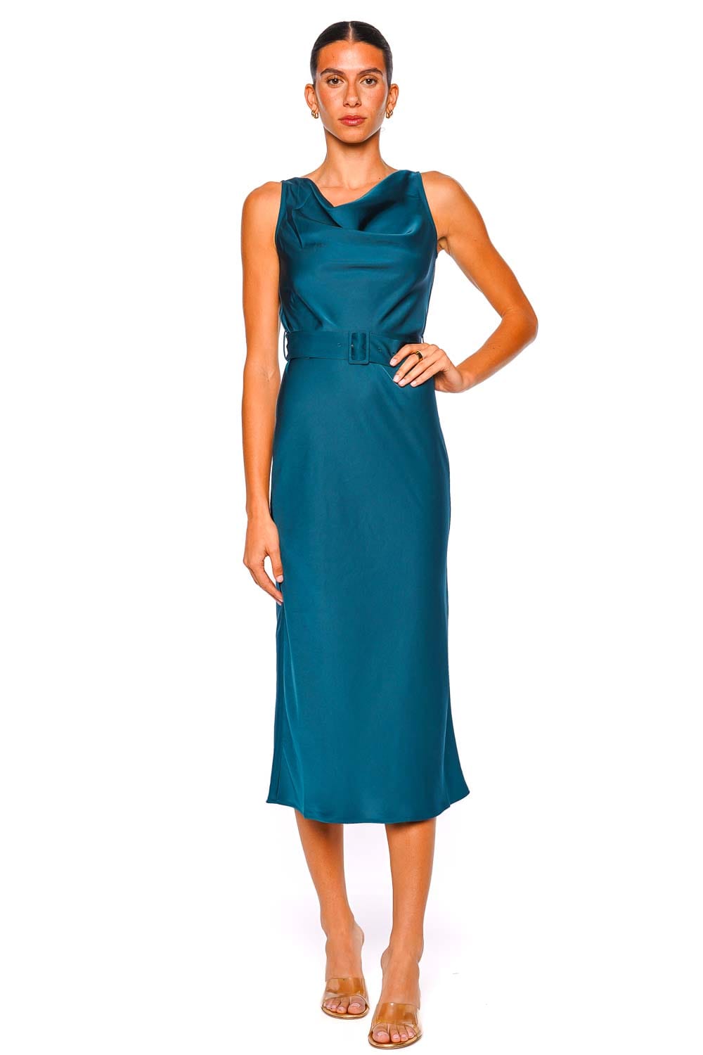 LAPOINTE Dark Teal Sleeveless Satin Belted Midi Dress