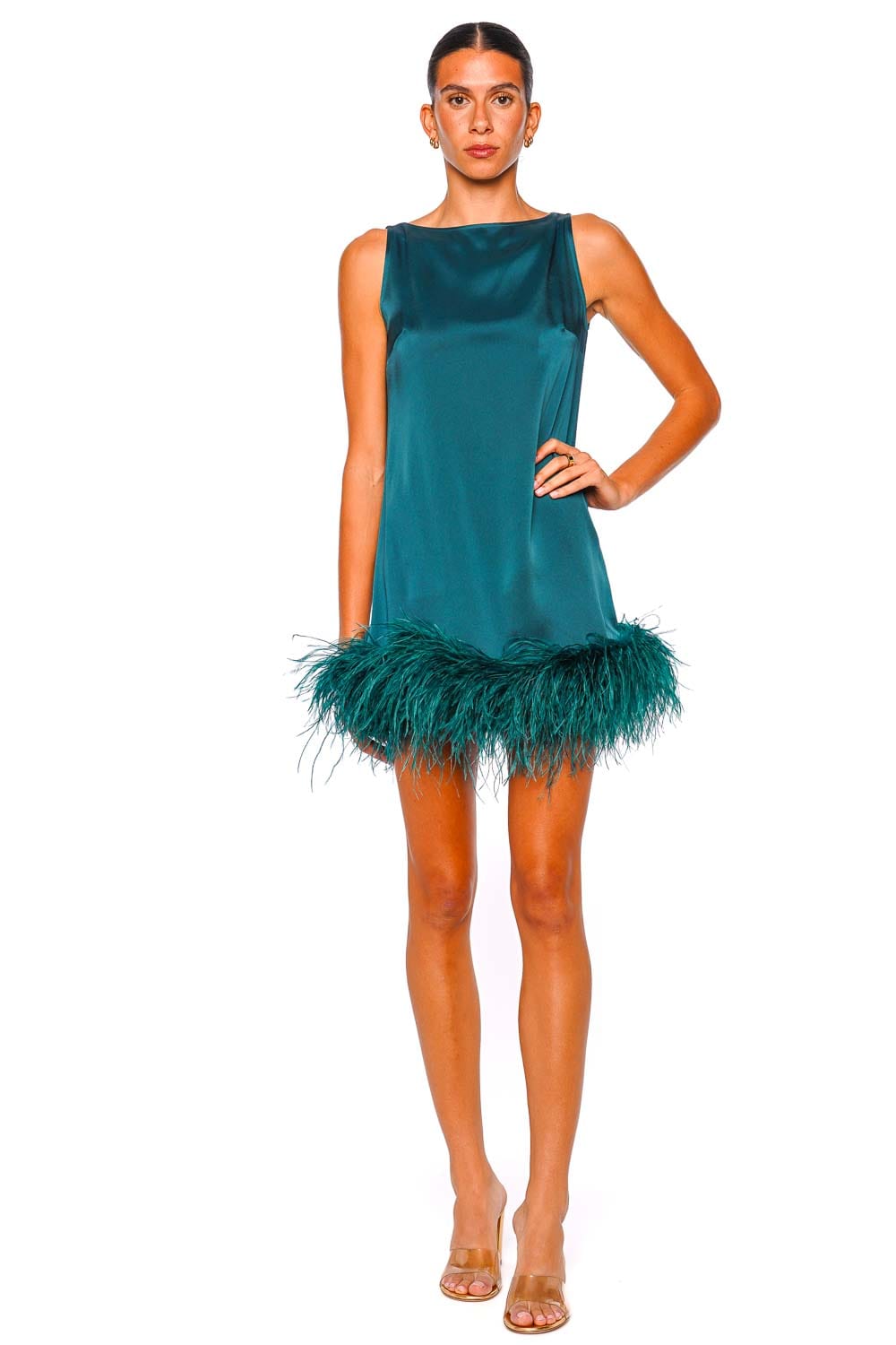 LAPOINTE Dark Teal Feather Hem Satin Sleeveless Mini Dress
