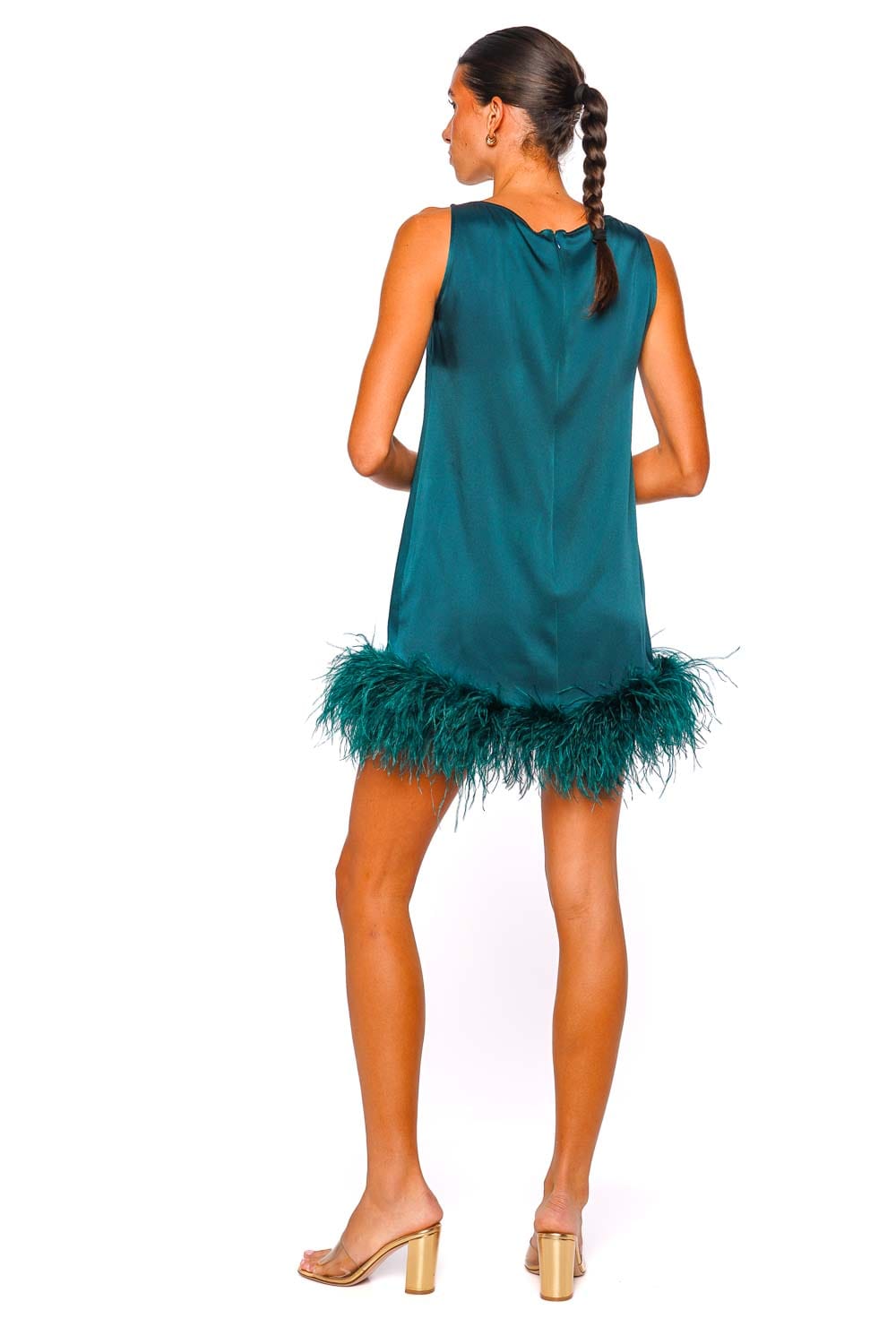 LAPOINTE Dark Teal Feather Hem Satin Sleeveless Mini Dress