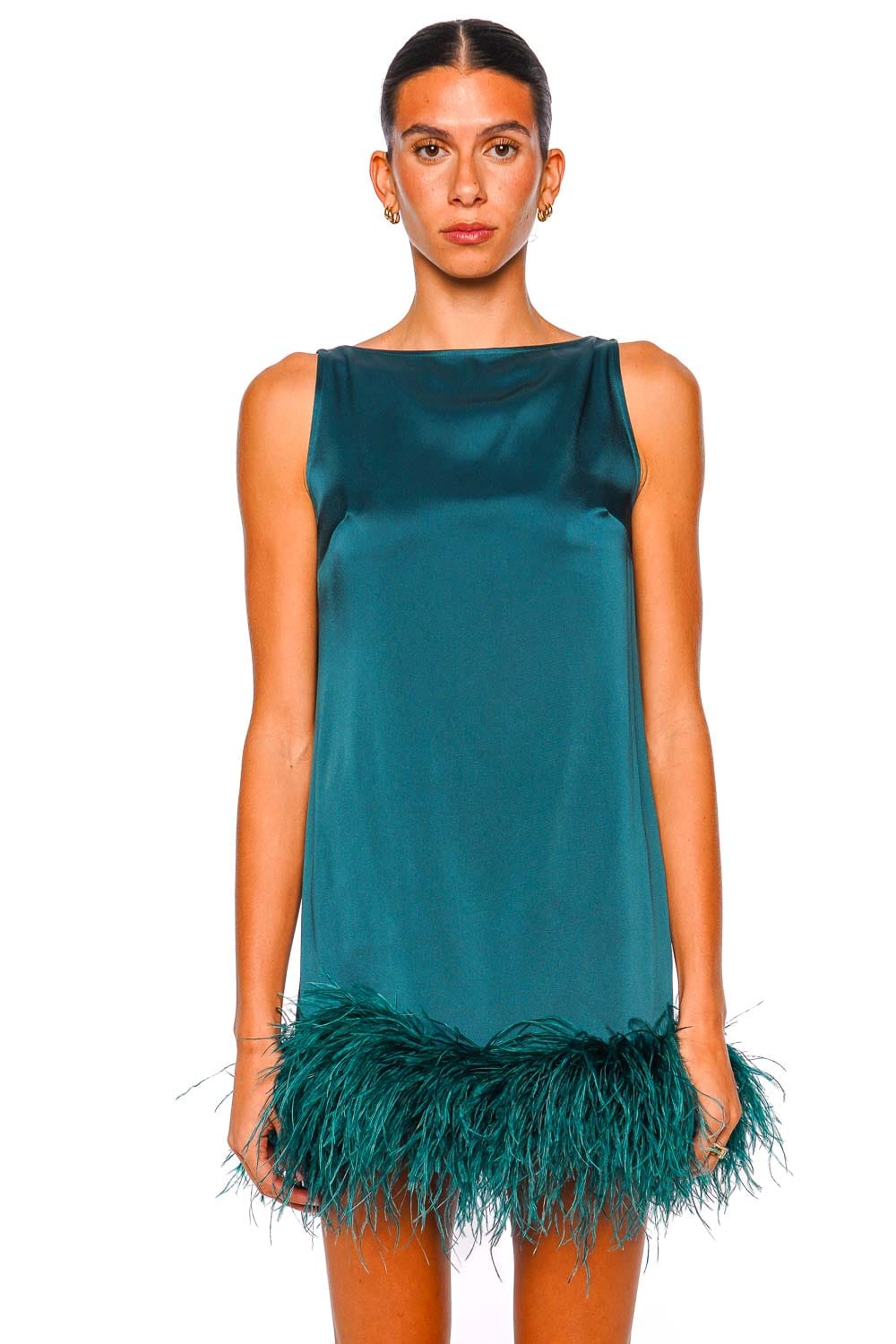 LAPOINTE Dark Teal Feather Hem Satin Sleeveless Mini Dress