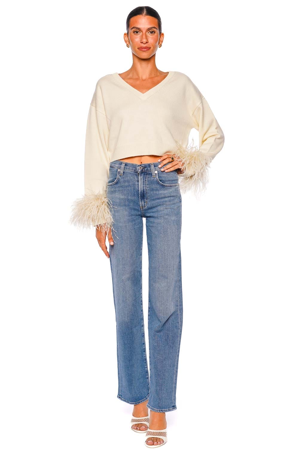 LAPOINTE Merino Cream Feather Trim Cropped Sweater