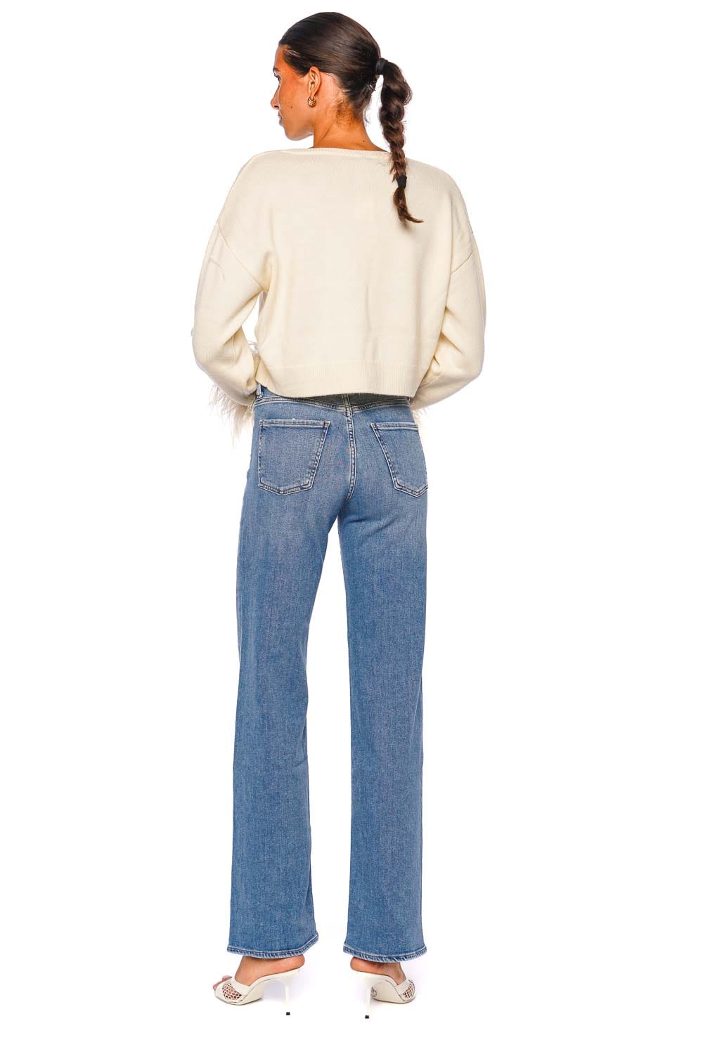 LAPOINTE Merino Cream Feather Trim Cropped Sweater