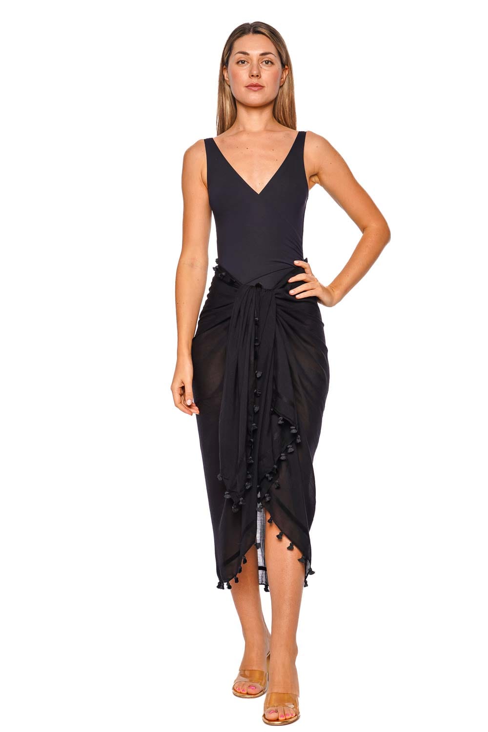 Melissa Odabash Black V-Neck Midi Pareo with Fringe Details