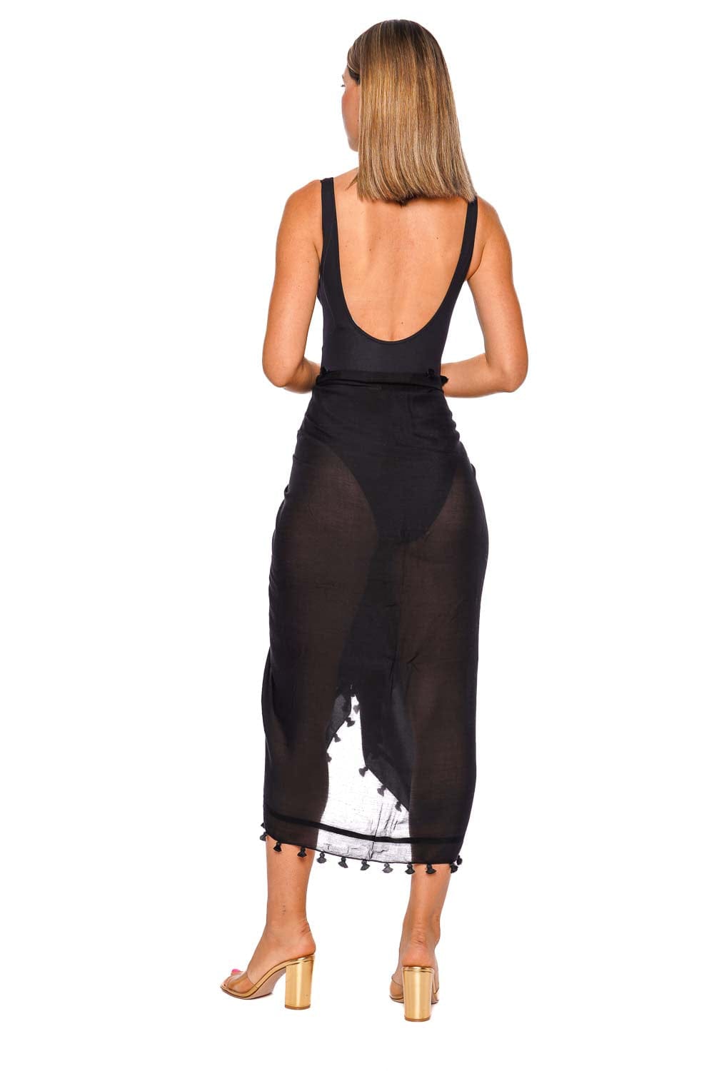 Melissa Odabash Black V-Neck Midi Pareo with Fringe Details