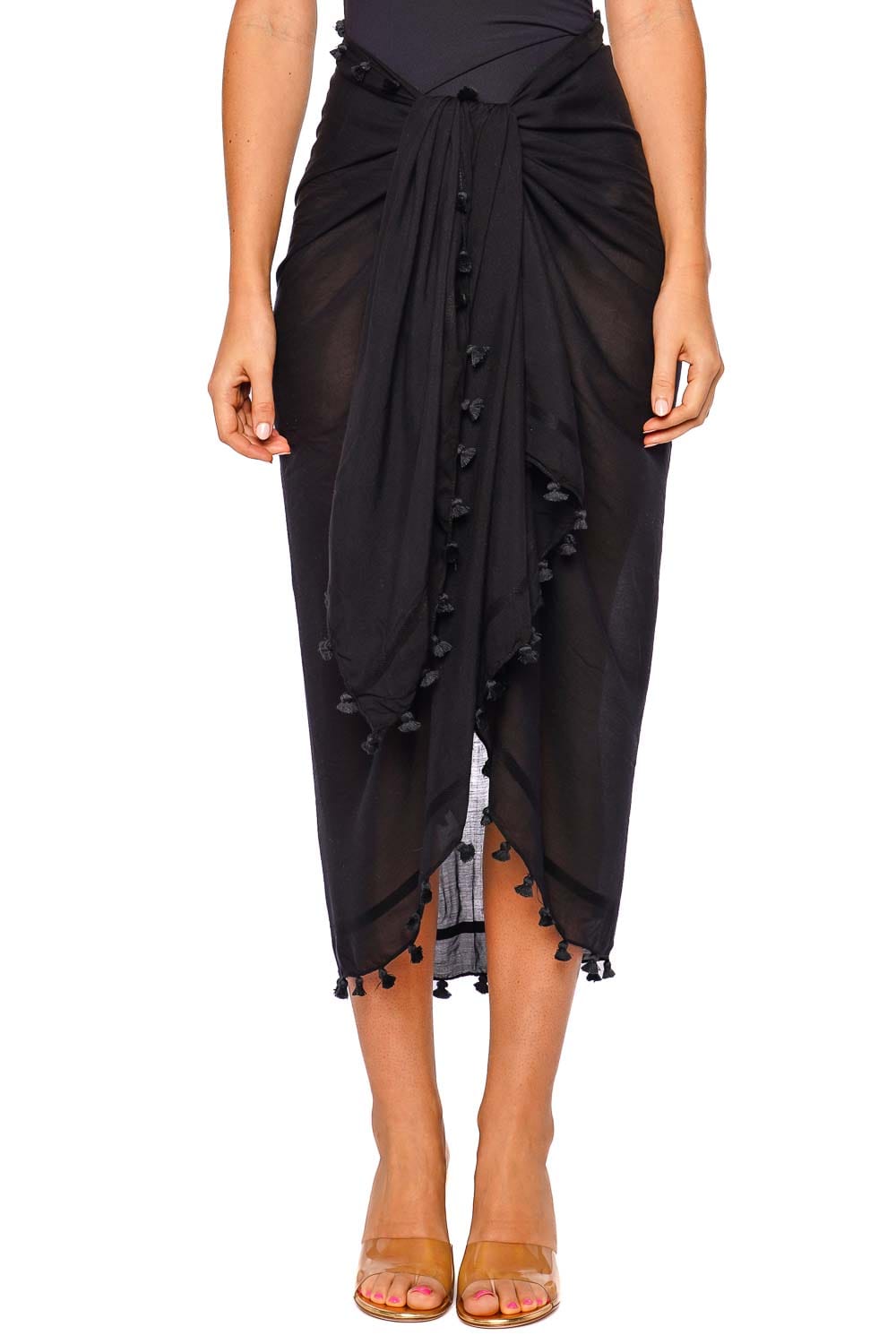Melissa Odabash Black V-Neck Midi Pareo with Fringe Details