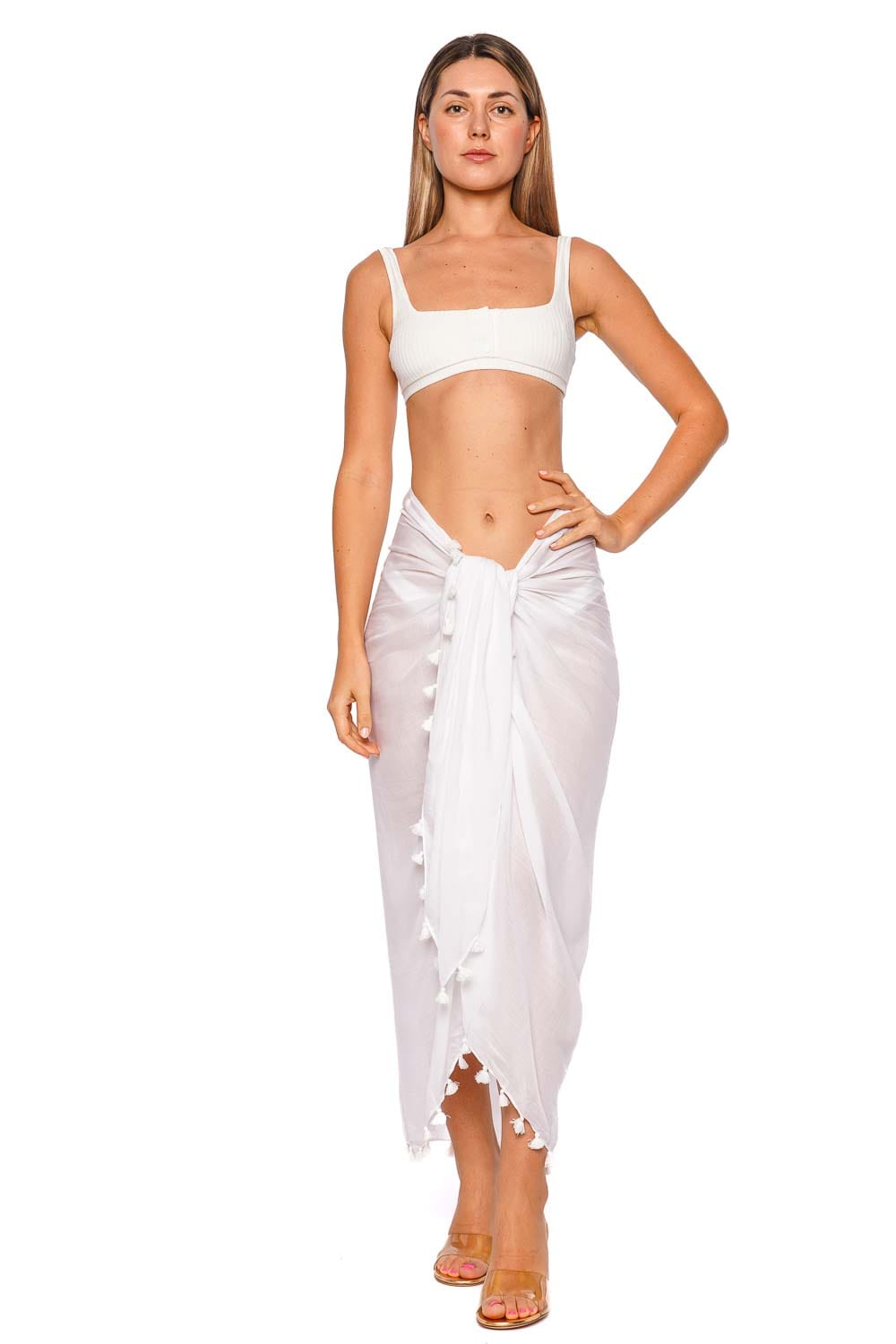 Melissa Odabash White Sheer Tassel Trim Pareo Wrap
