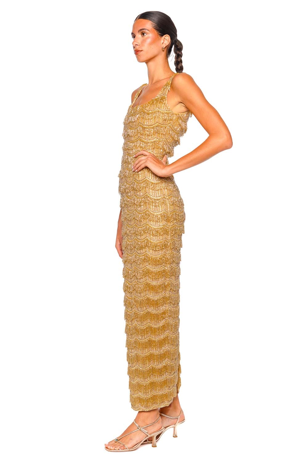 Rachel Gilbert Sadie Gold Beaded Full-Length Gown