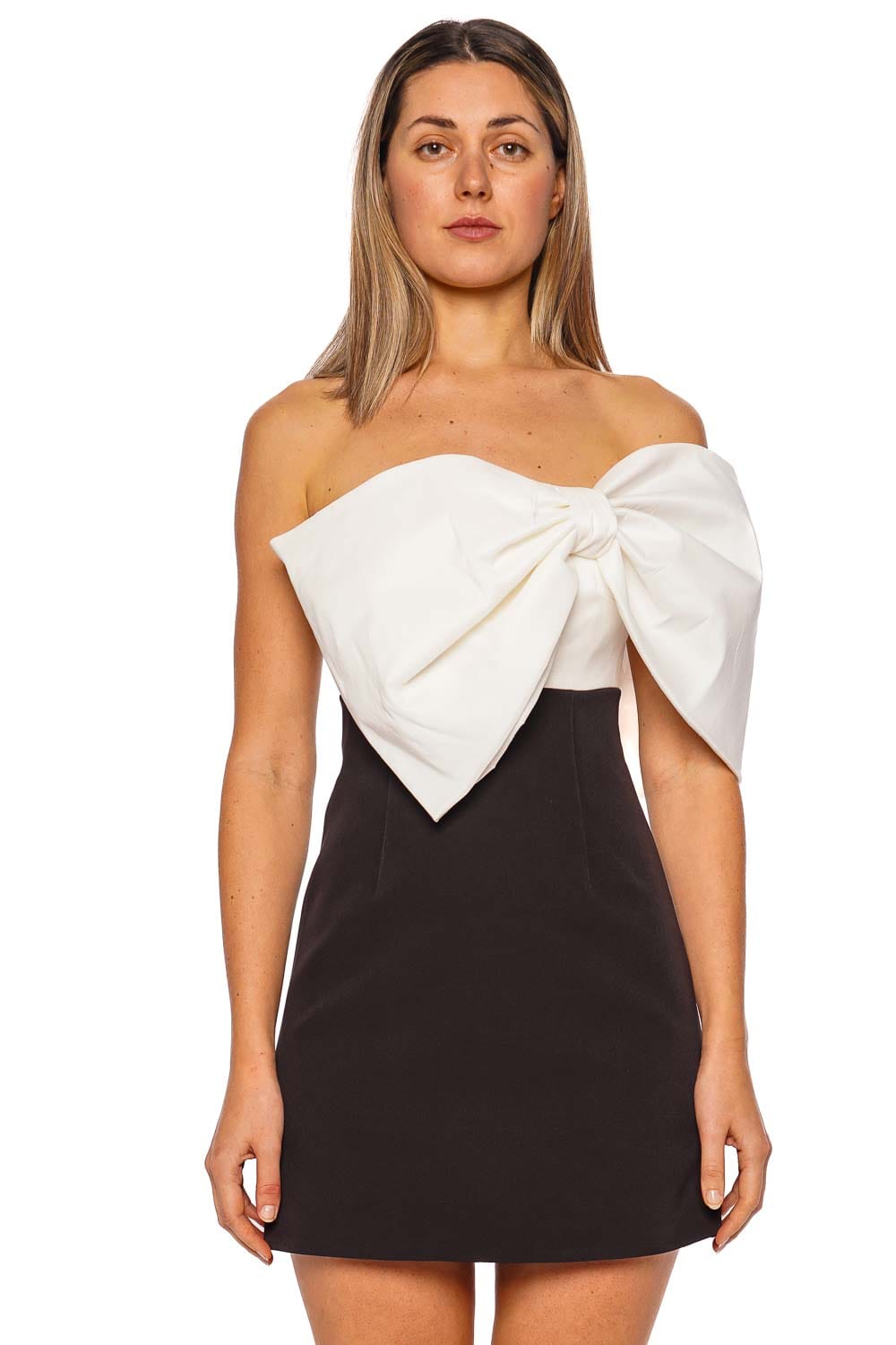 Rachel Gilbert Kace One-Shoulder Black and Ivory Mini Dress