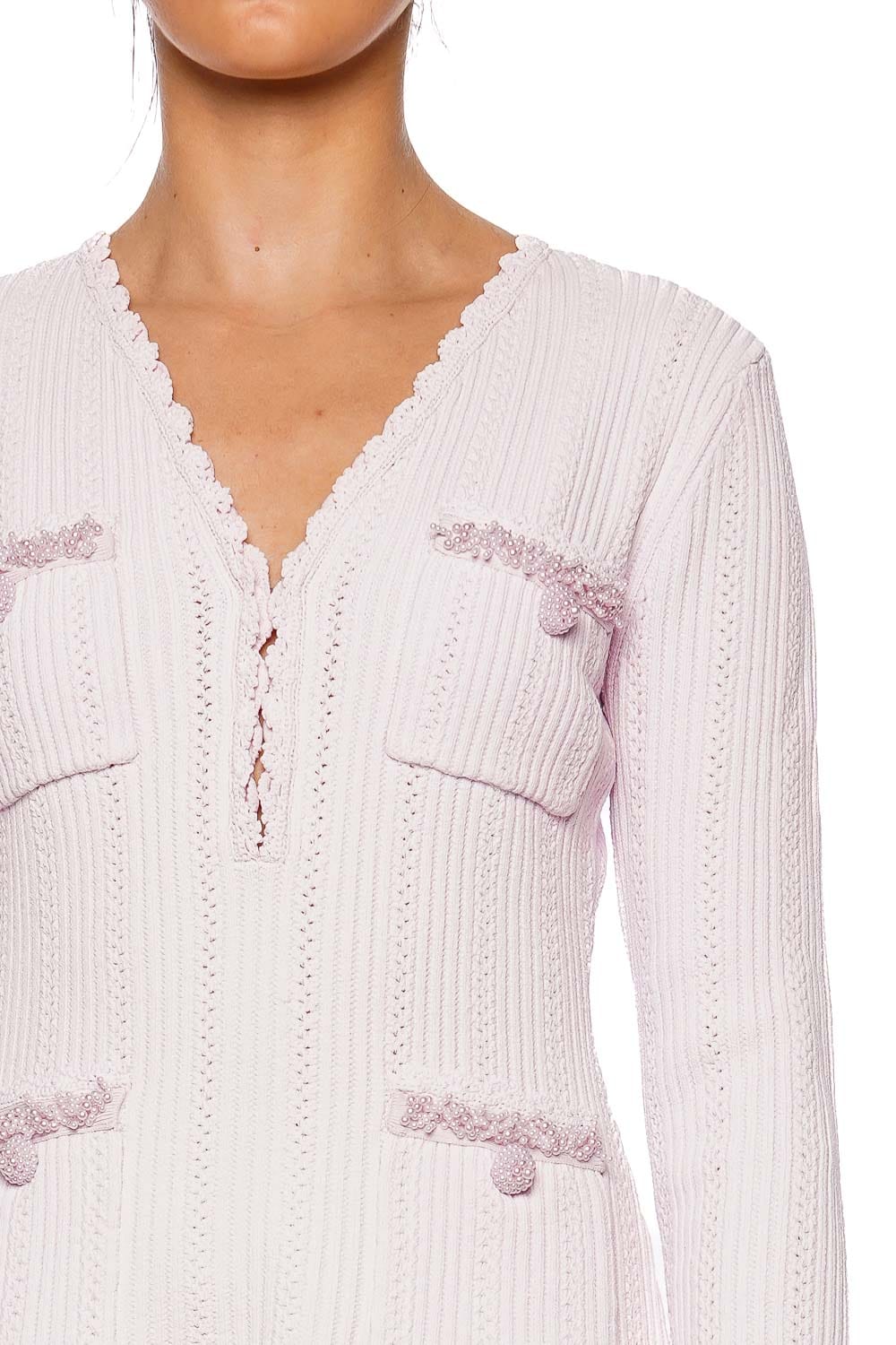 self-portrait Pink Pearl Trim Pointelle Knit Mini Dress