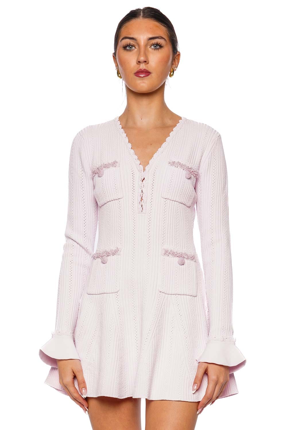 self-portrait Pink Pearl Trim Pointelle Knit Mini Dress