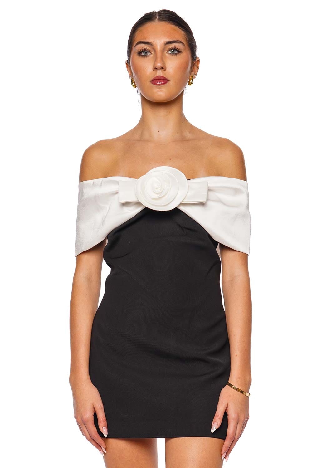 self-portrait Black Crepe Flower Off Shoulder Mini Dress
