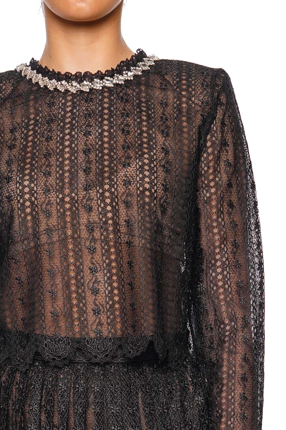 self-portrait Black Crystal Embellished Organza Lace Top