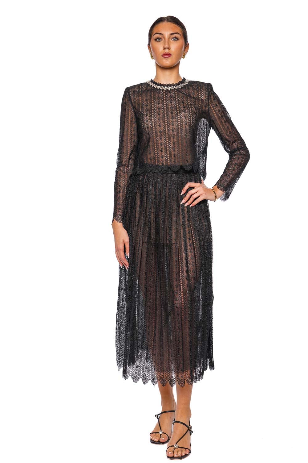 self-portrait Black Lace Sheer Organza Midi Skirt