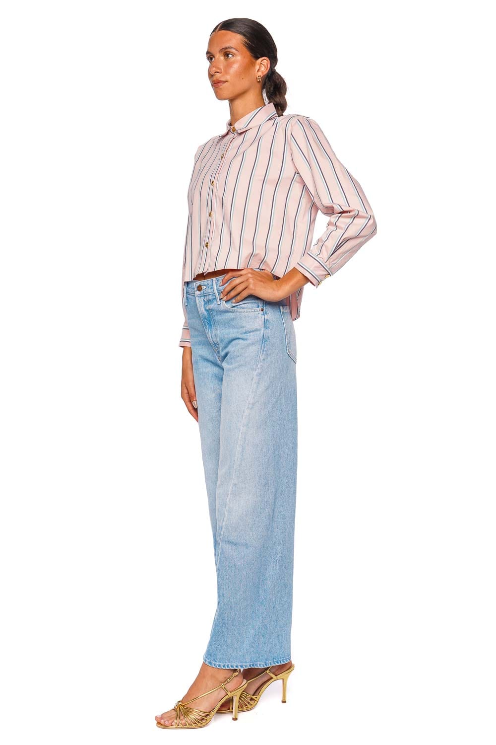 L'AGENCE Cosette Crop Hi Low Long Sleeve Shirt Pale Rose Stripe