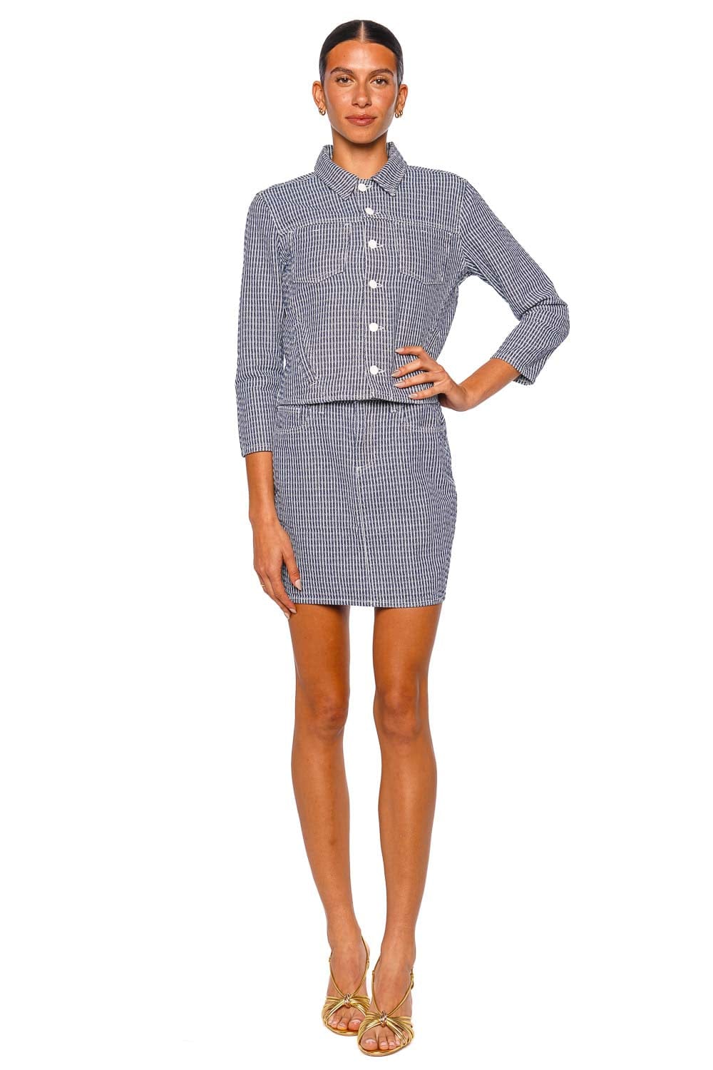 L'AGENCE Nelly Crop Jacket Blue Stripe Cropped Jacket Three Quarter Sleeve