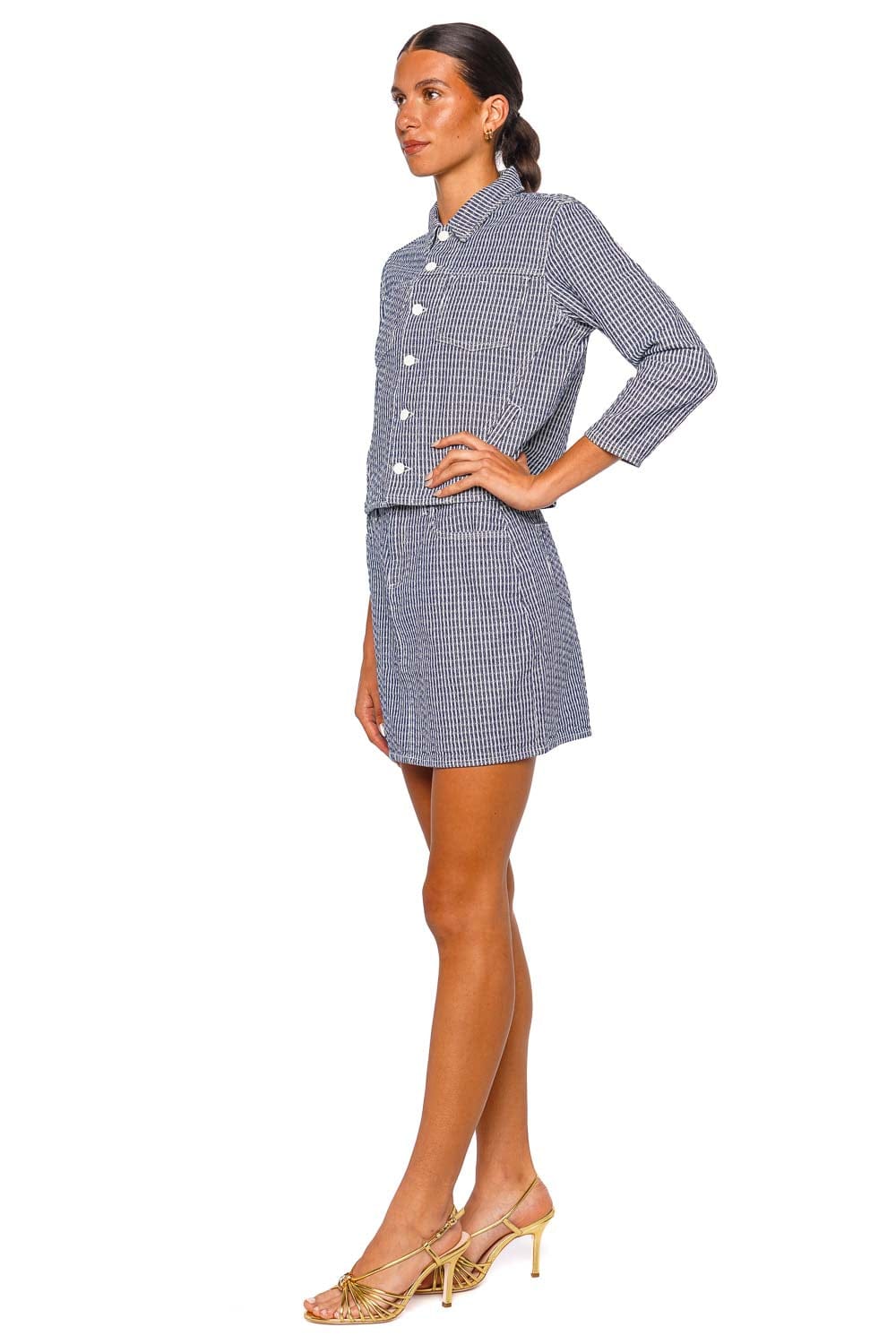 L'AGENCE Nelly Crop Jacket Blue Stripe Cropped Jacket Three Quarter Sleeve