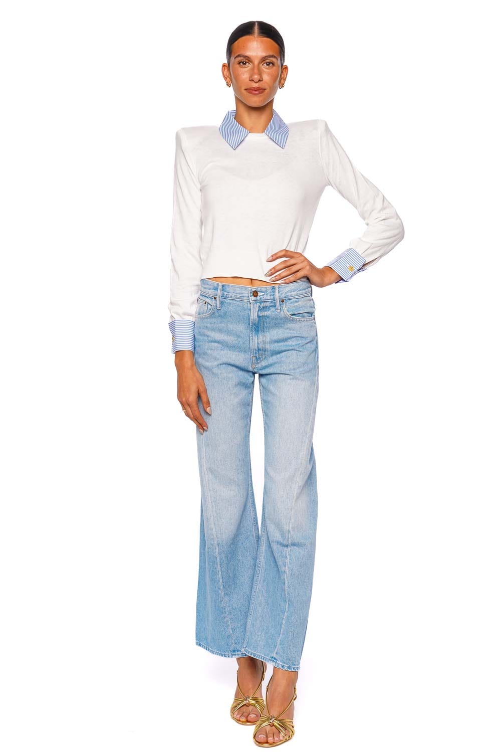 L'AGENCE April Poplin Collar White and Blue Stripe Long Sleeve Top