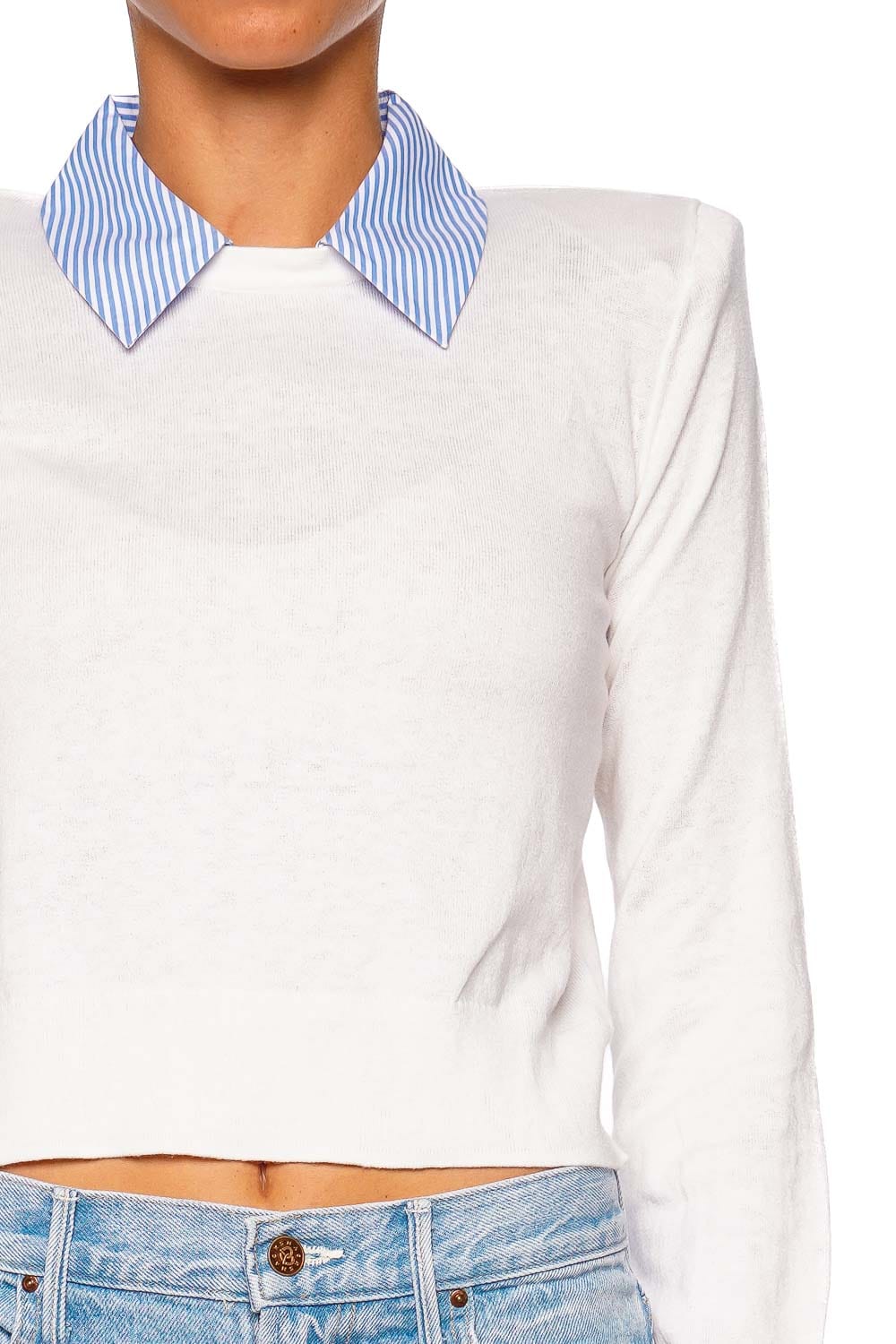 L'AGENCE April Poplin Collar White and Blue Stripe Long Sleeve Top