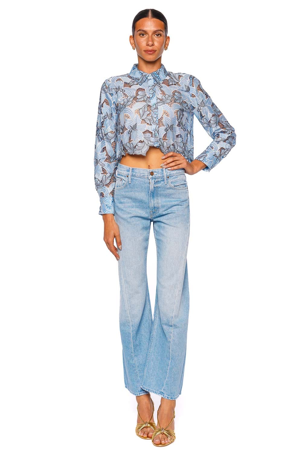 L'AGENCE Akemi Blue Multi Eyelet Cropped Button-Down Long Sleeve Top