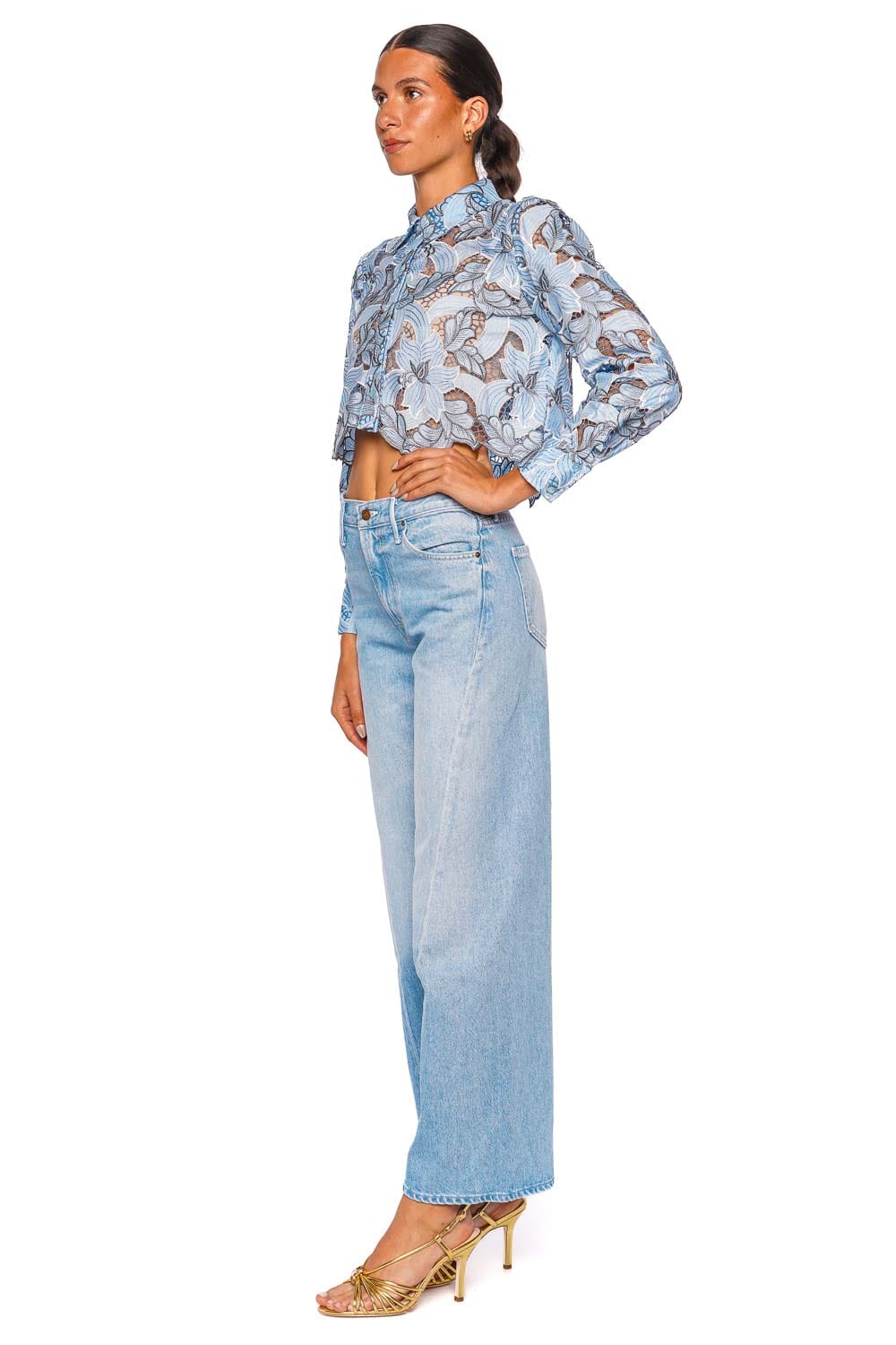 L'AGENCE Akemi Blue Multi Eyelet Cropped Button-Down Long Sleeve Top