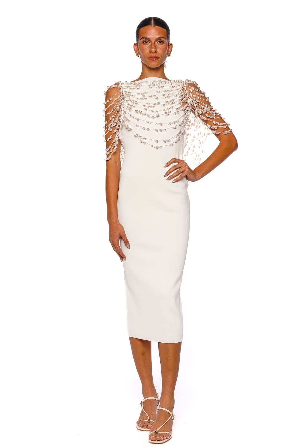 Cult Gaia Meri Off White Beaded Midi Dress with Elbow-Length Sleeves