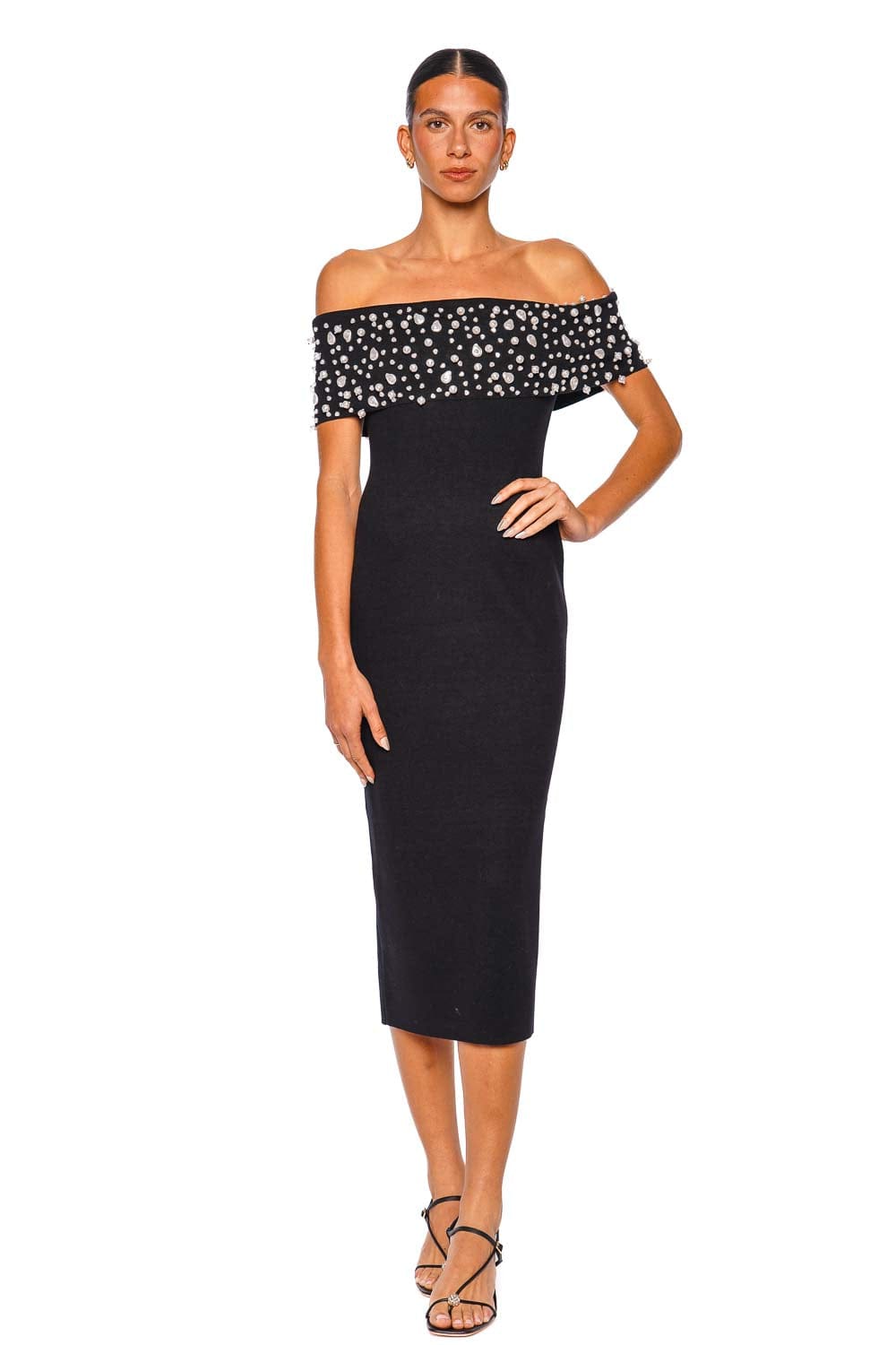 Cult Gaia Suzie Off Shoulder Pearl Knit Midi Dress