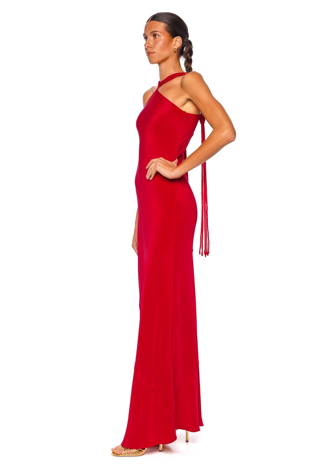 Cult Gaia Pheobe Merlot Satin Halter Maxi Dress