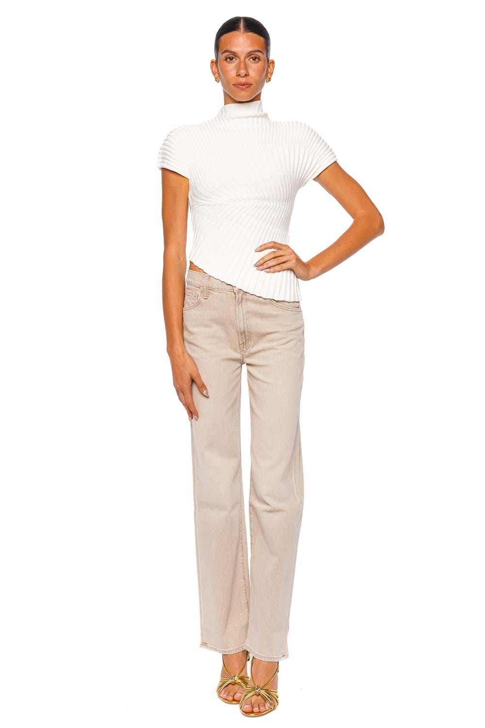 Cult Gaia Annemie Off White Ribbed Mock Neck Short Sleeve Top