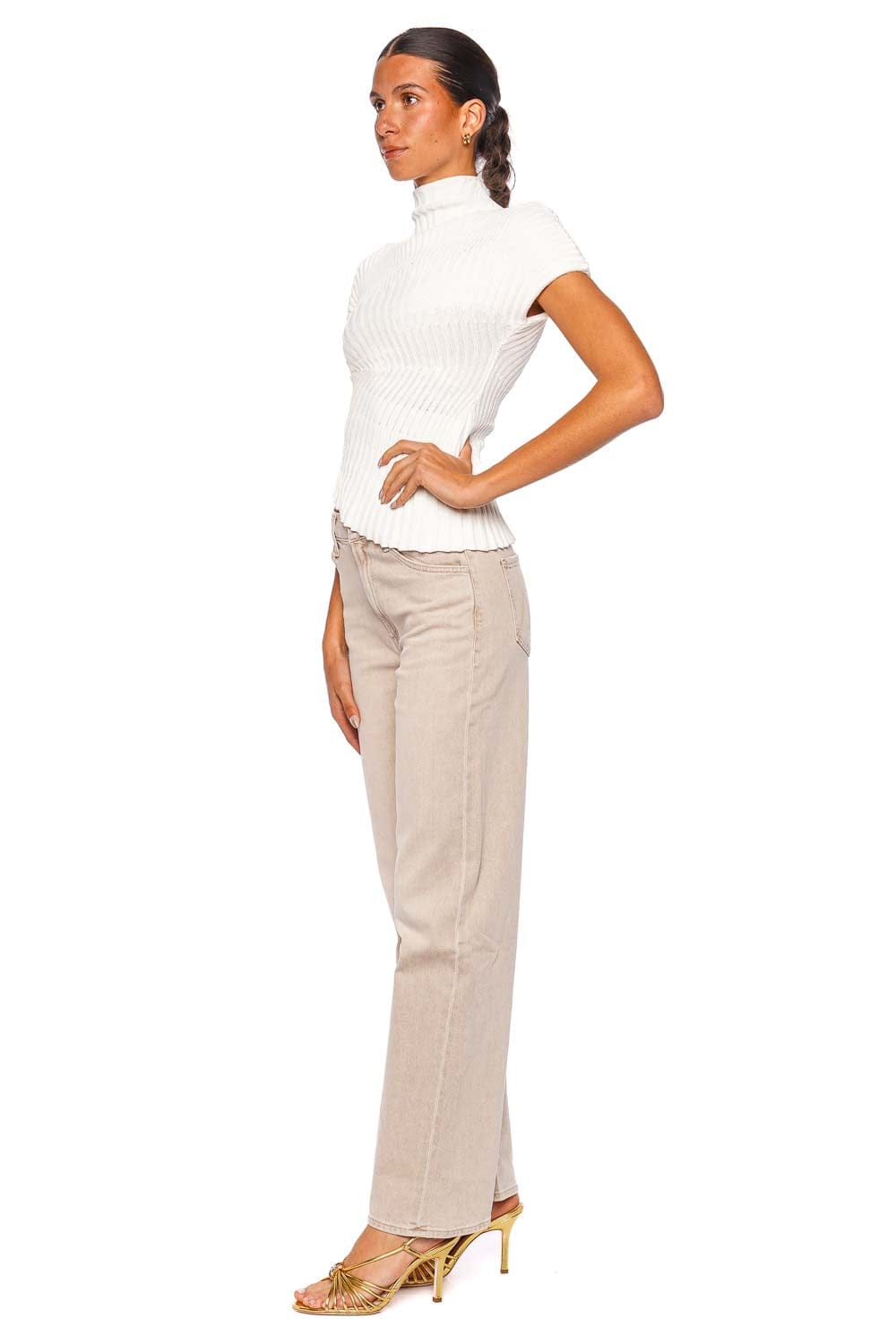 Cult Gaia Annemie Off White Ribbed Mock Neck Short Sleeve Top