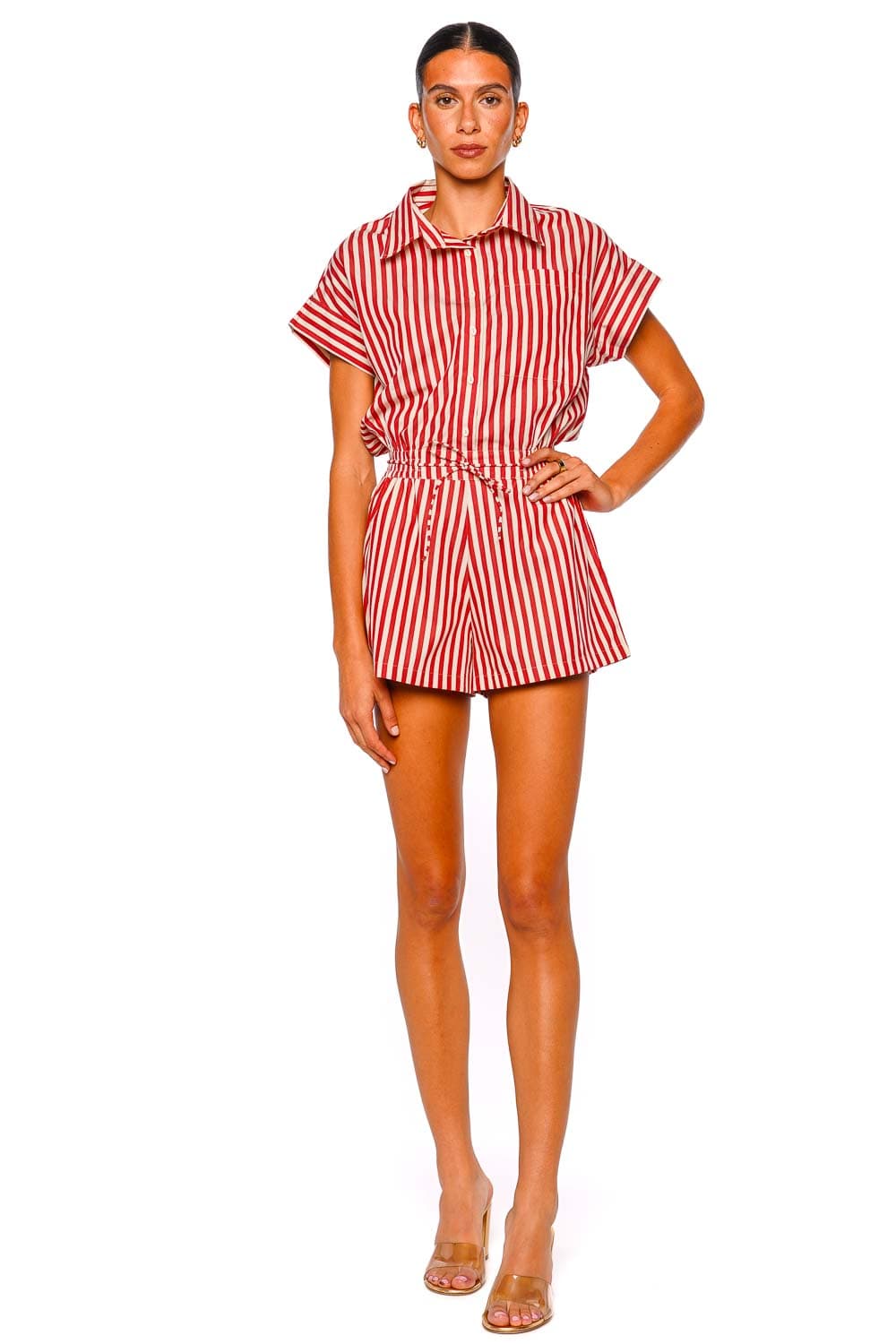 Faithfull The Brand Zion Striped Short Sleeve Playsuit in Dusty Tomato