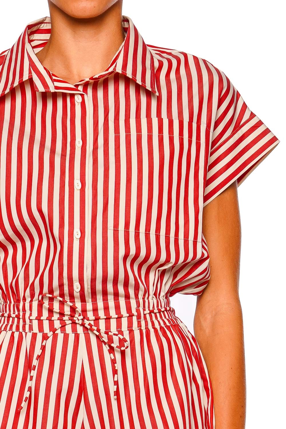Faithfull The Brand Zion Striped Short Sleeve Playsuit in Dusty Tomato