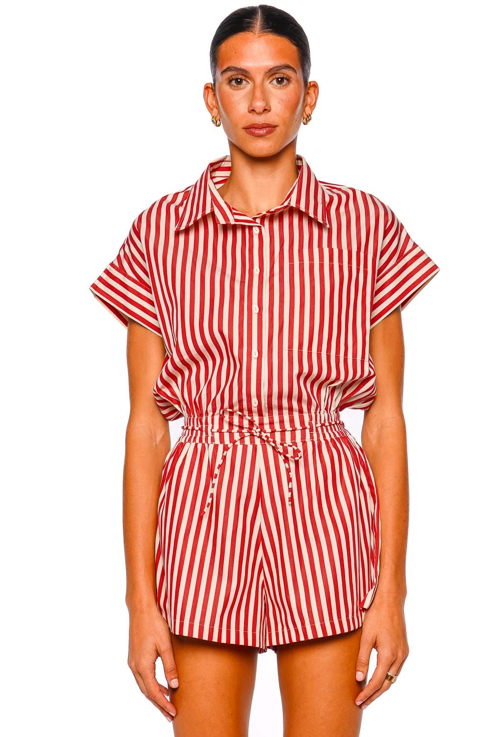 Faithfull The Brand Zion Striped Short Sleeve Playsuit in Dusty Tomato