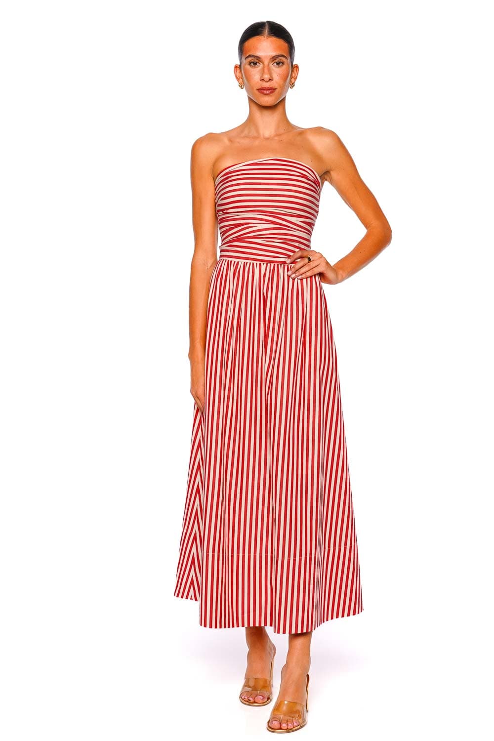 Faithfull The Brand Vera Dusty Tomato Stripe Strapless Maxi Dress
