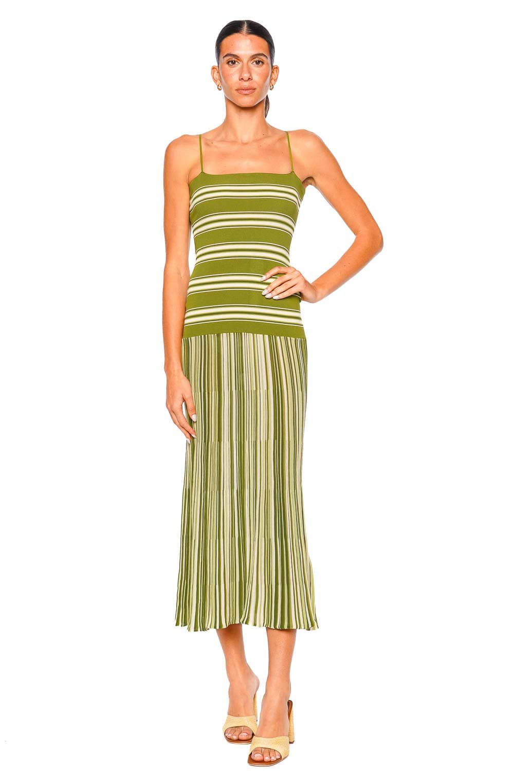 Faithfull The Brand Esenia Olive Ombre Striped Knit Strappy Midi Dress