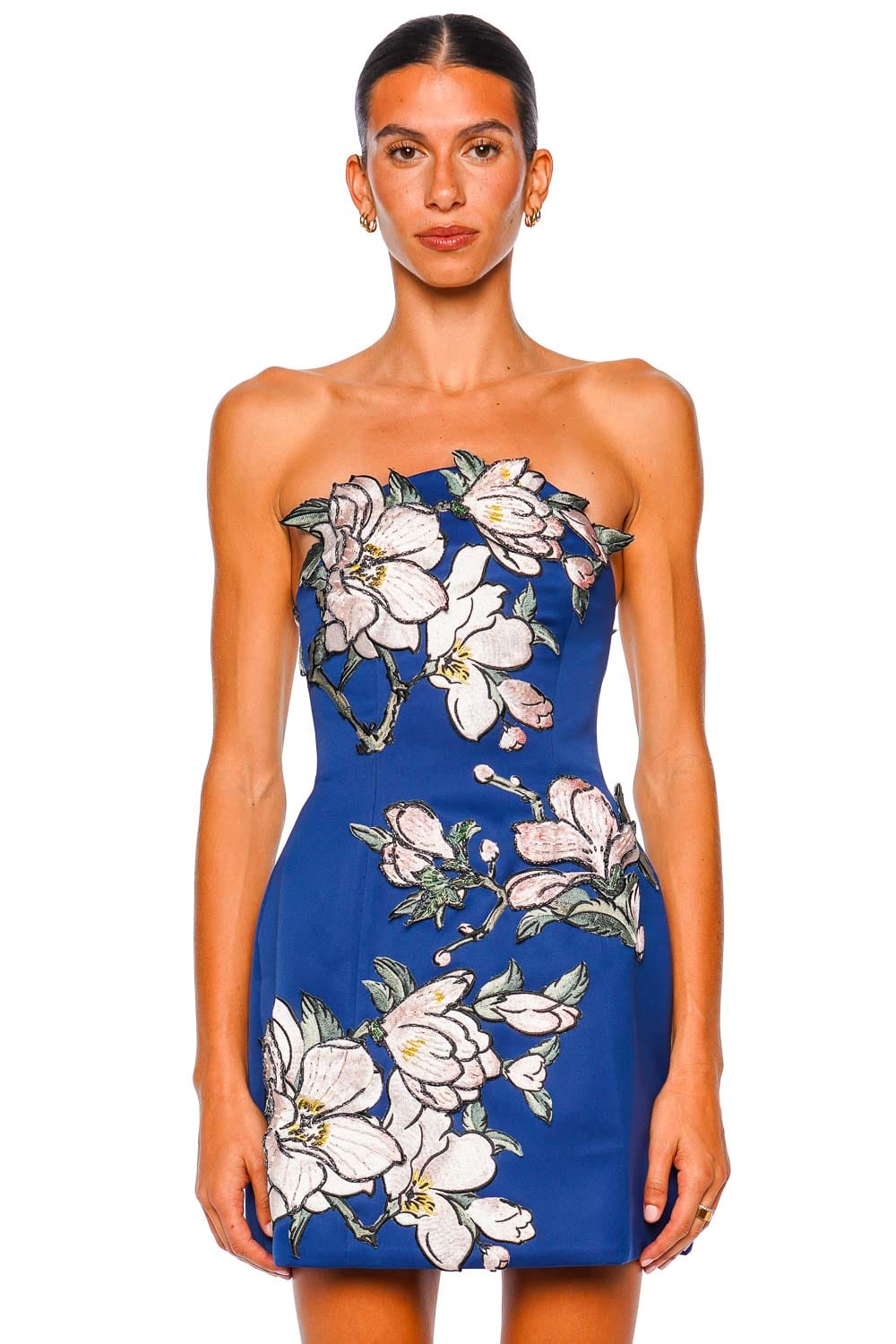 LEO LIN Midnight Blue Strapless Floral Applique Mini Dress