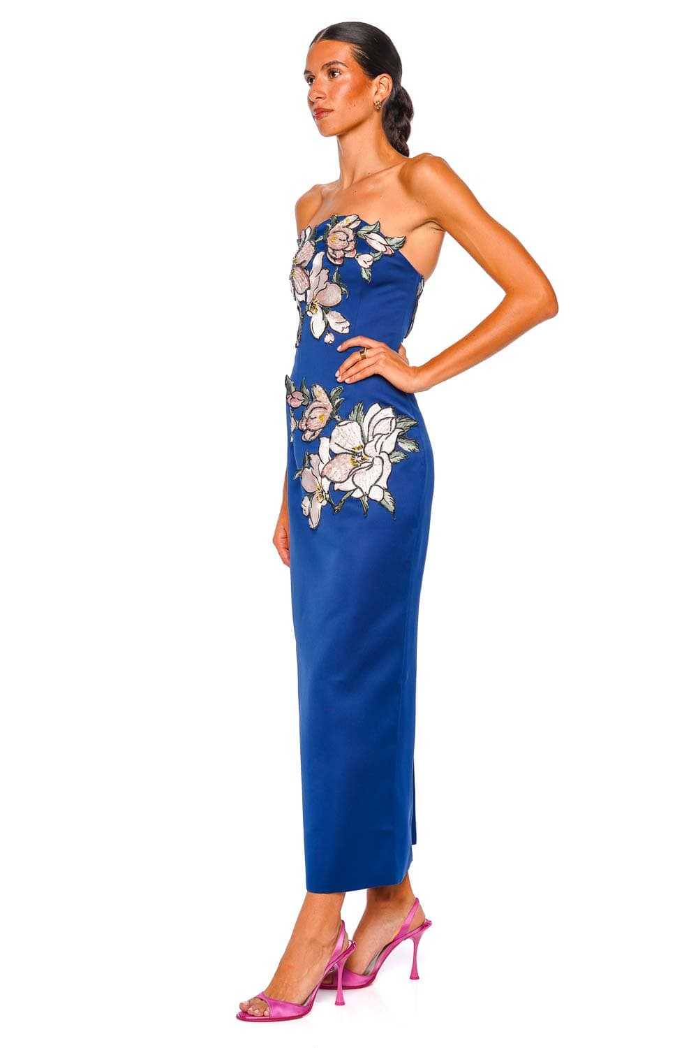 LEO LIN Ava Applique Midnight Strapless Floral Bustier Maxi Dress