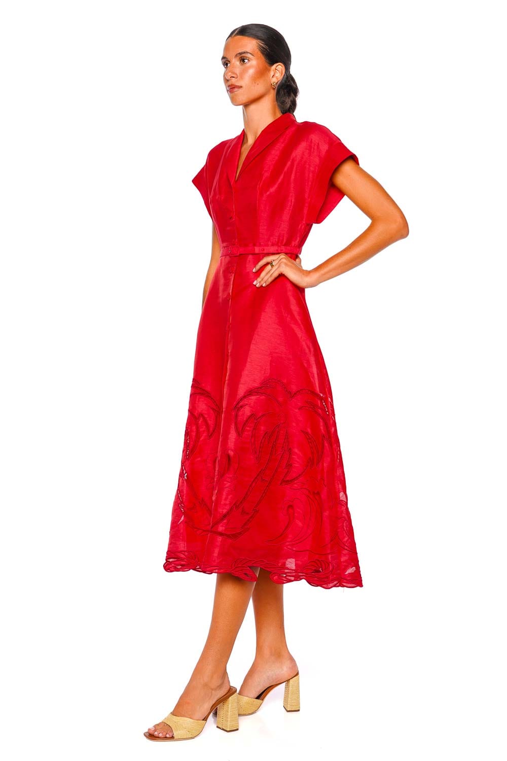 LEO LIN Aubrey Scarlet Applique Short Sleeve Midi Dress